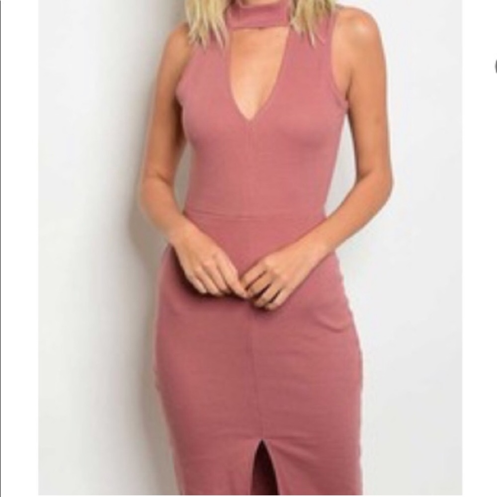 Mauve Choker Neck Fitted Stretch Knit Sleeveless Midi Dress Small Medium Large